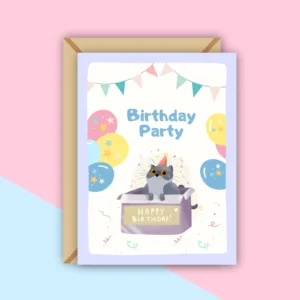 Cat In Birthday Box Greeting Card – A Playful Surprise of Joy, Cuteness, and Feline Celebration