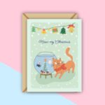 Xmas Cat and Fishes Greeting Card